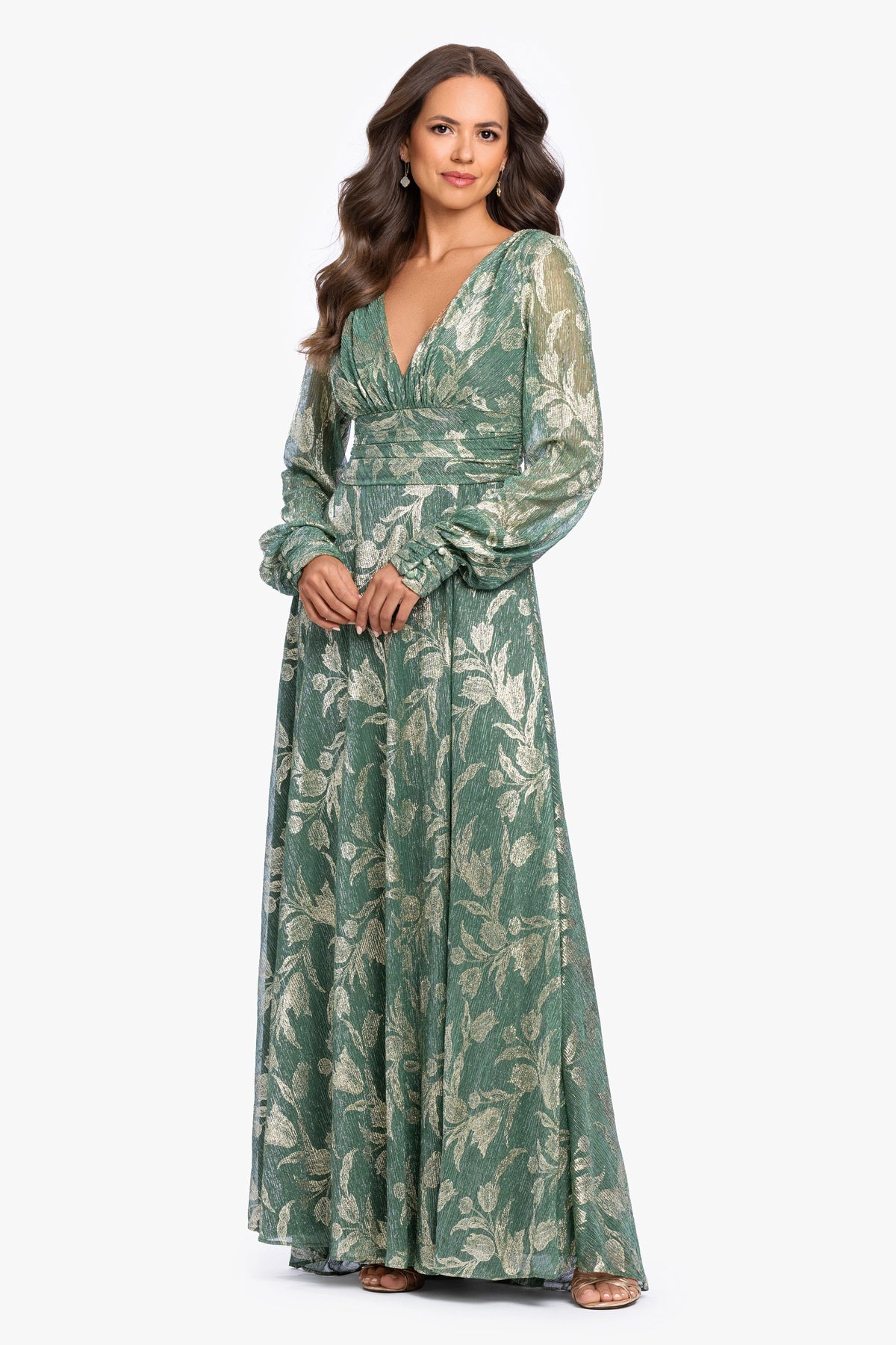 Betsy & Adam “Molly” Metallic Long Sleeve V-Neck Dress - Matcha/Gold
