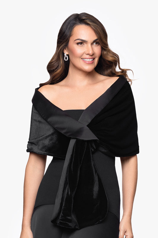 Betsy & Adam "Rosemary" Velvet & Satin Pull-Through Shawl Wrap - Black