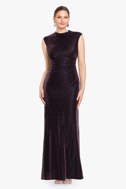 Betsy & Adam "Bethany" Metallic Ruched Dress - Black/Plum