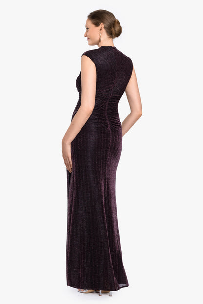 Betsy & Adam "Bethany" Metallic Ruched Dress - Black/Plum