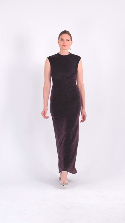 Betsy & Adam "Bethany" Metallic Ruched Dress - Black/Plum