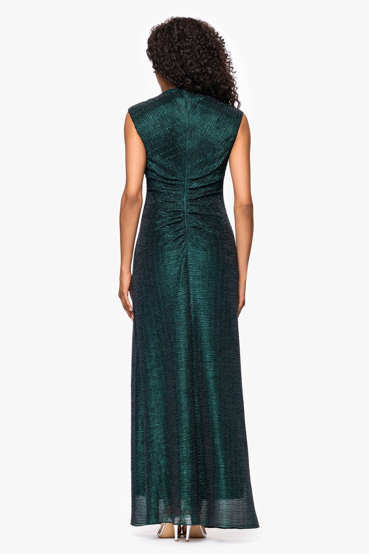 Betsy & Adam "Bethany" Metallic Ruched Dress - Black/Emerald