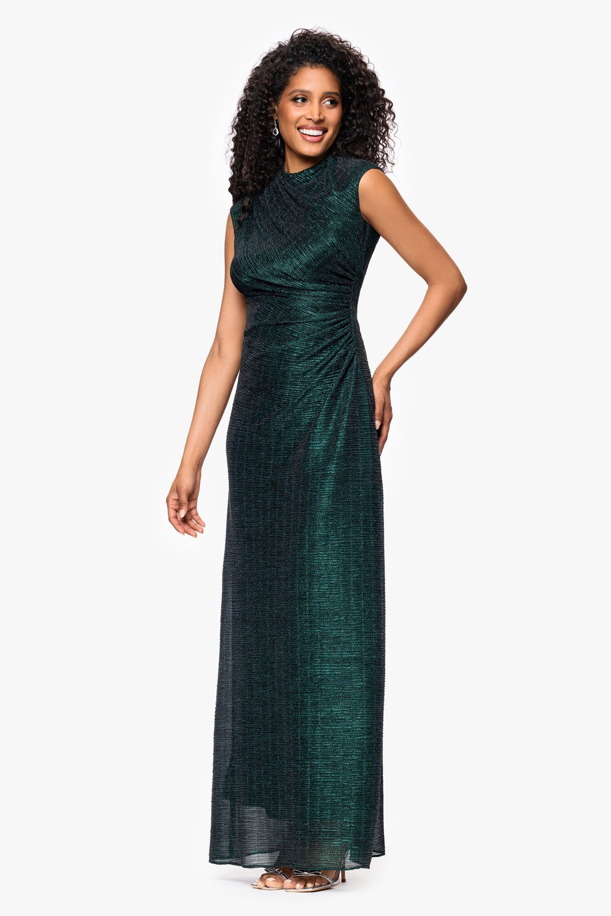 Betsy & Adam "Bethany" Metallic Ruched Dress - Black/Emerald