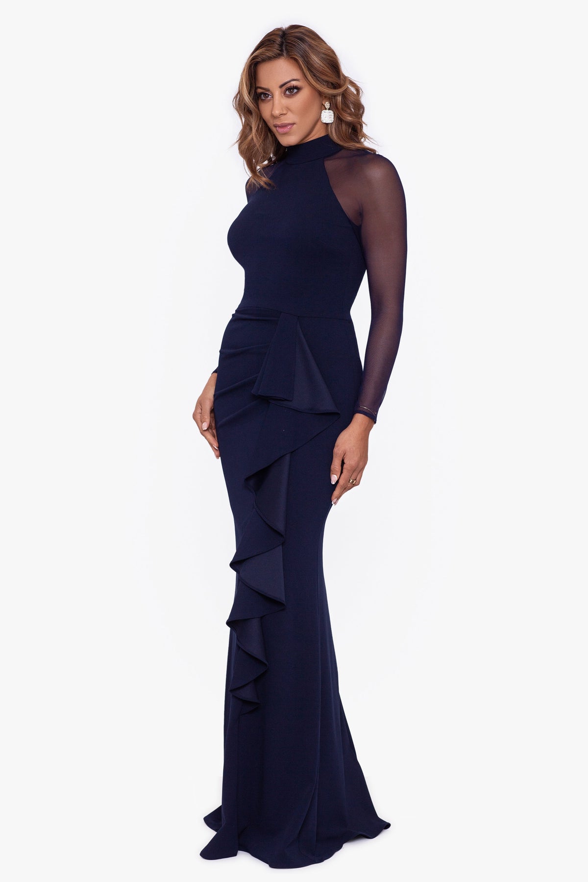 Betsy & Adam "Natalie" Scuba Crepe Mesh Sleeve Dress - Navy