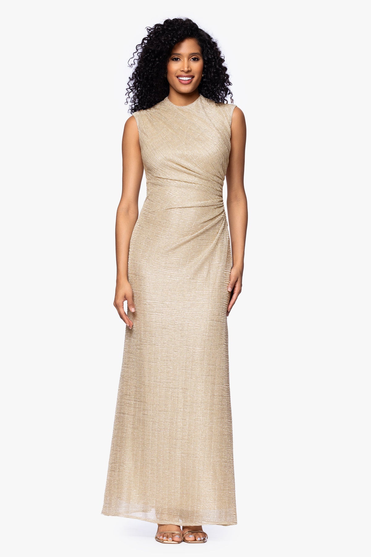 Betsy & Adam Petite "Bethany" Metallic Ruched Dress - Gold