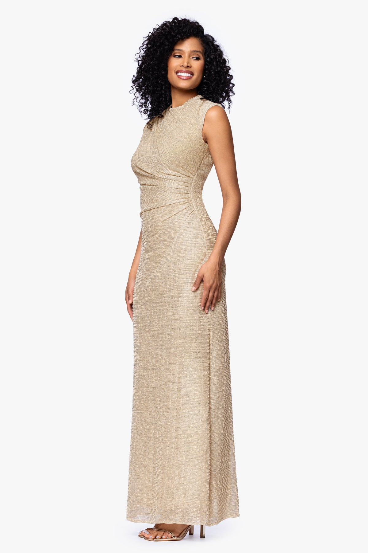 Betsy & Adam Petite "Bethany" Metallic Ruched Dress - Gold
