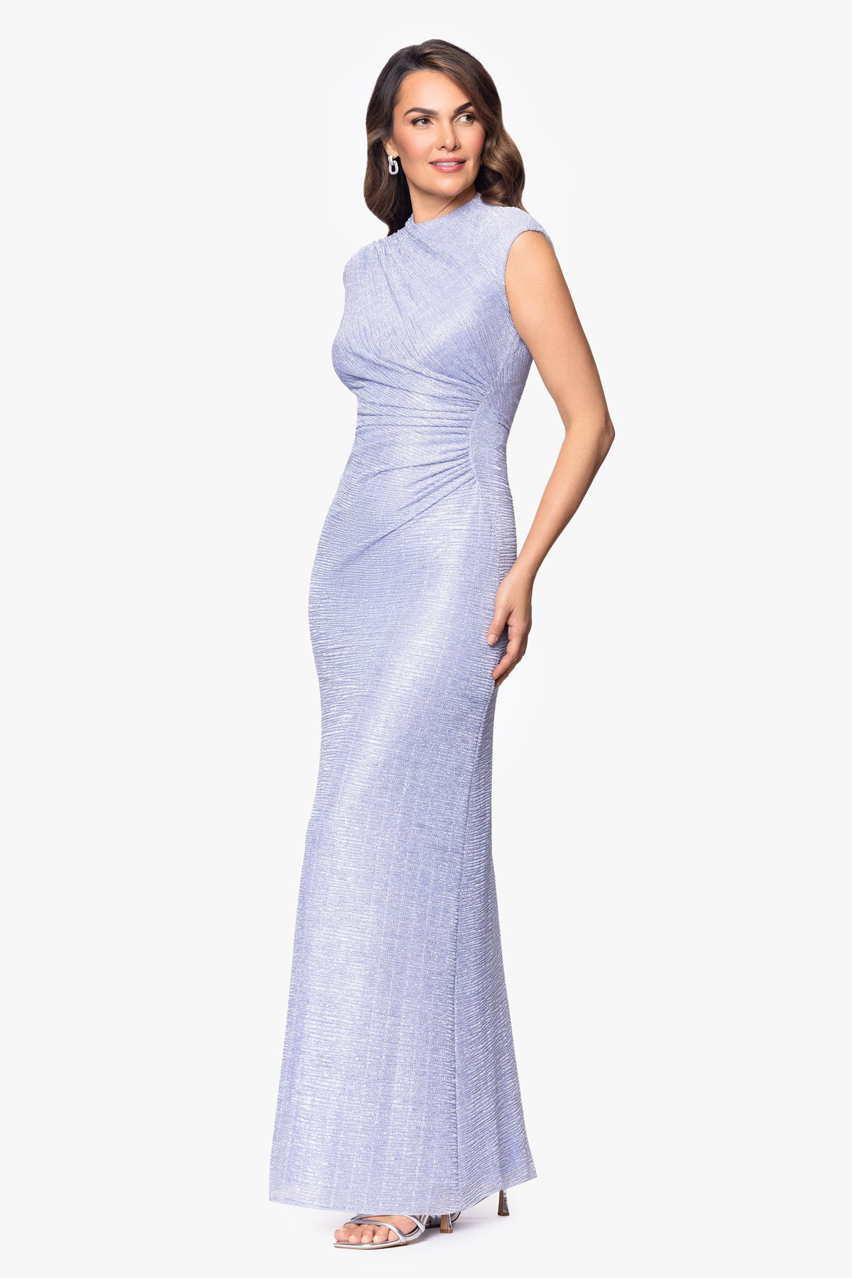 Betsy & Adam Petite "Bethany" Metallic Ruched Dress - Periwinkle