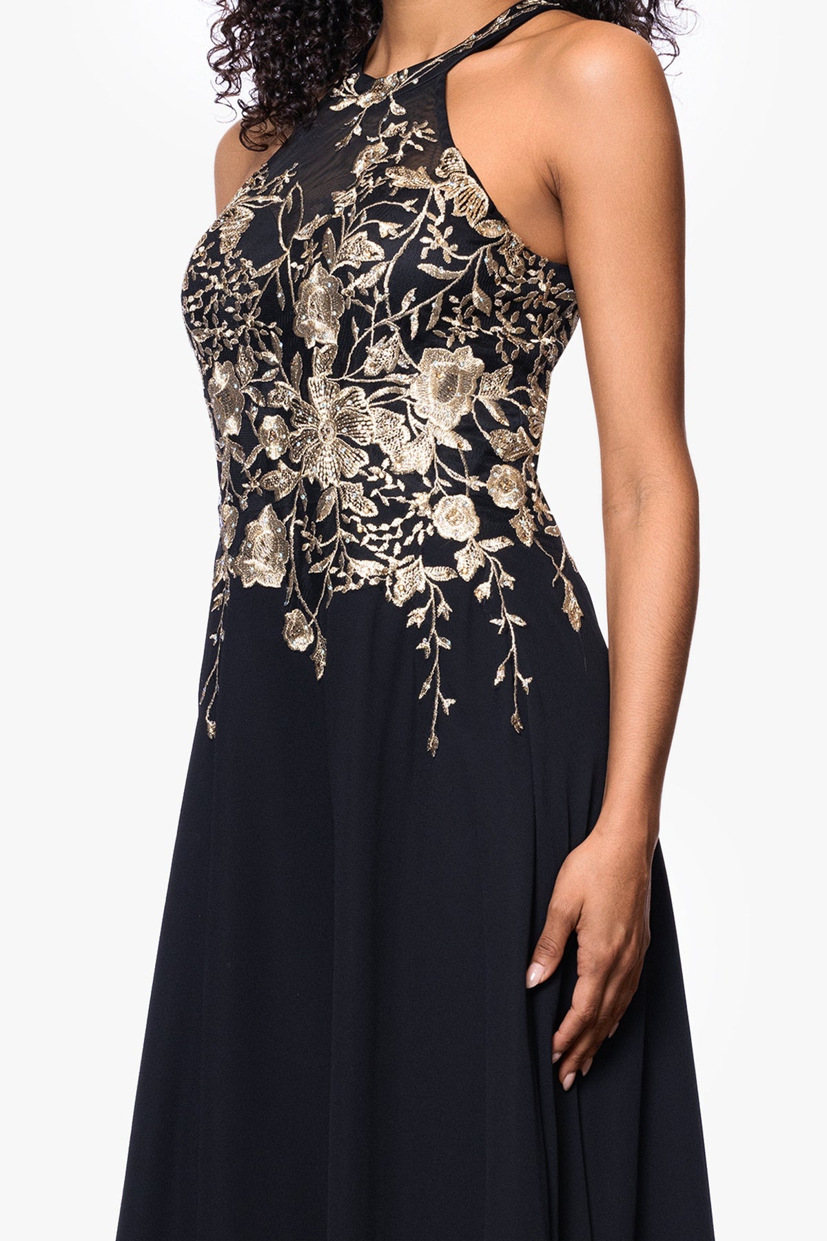 Betsy & Adam "Celeste" Embroidered Chiffon Dress - Black/Gold