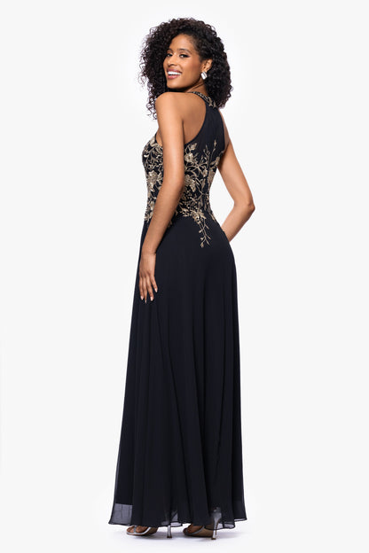 Betsy & Adam "Celeste" Embroidered Chiffon Dress - Black/Gold