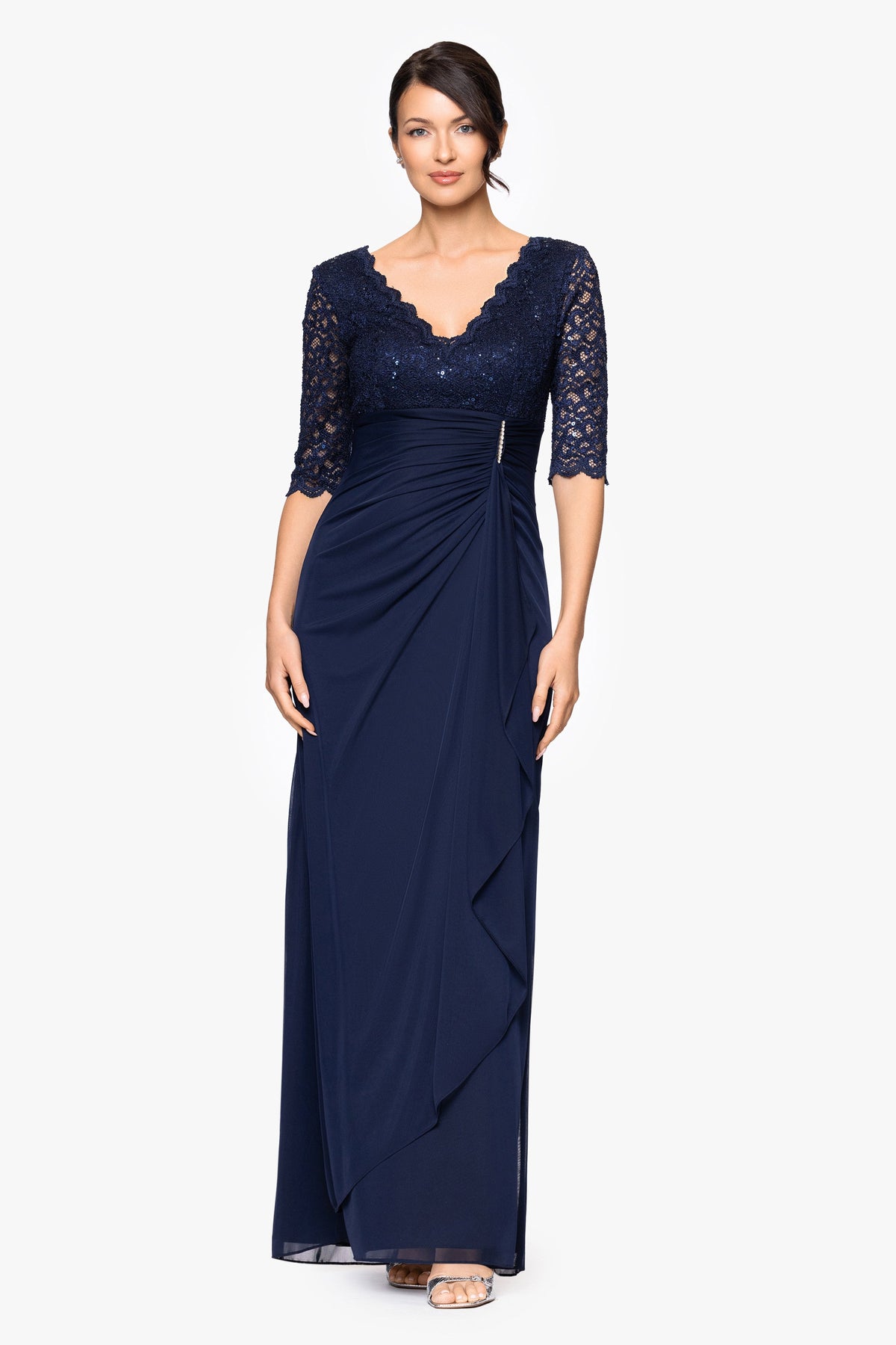 Betsy & Adam "Johanna" Sheer Matte Jersey 3/4 Sleeve Dress - Navy
