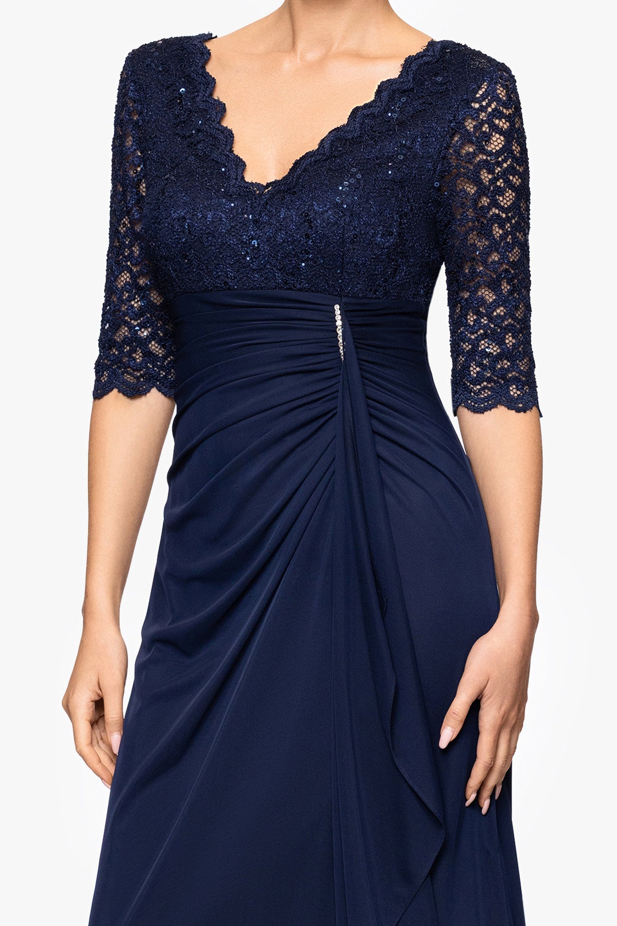 Betsy & Adam "Johanna" Sheer Matte Jersey 3/4 Sleeve Dress - Navy