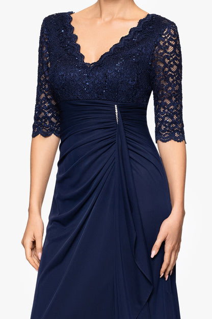 Betsy & Adam "Johanna" Sheer Matte Jersey 3/4 Sleeve Dress - Navy