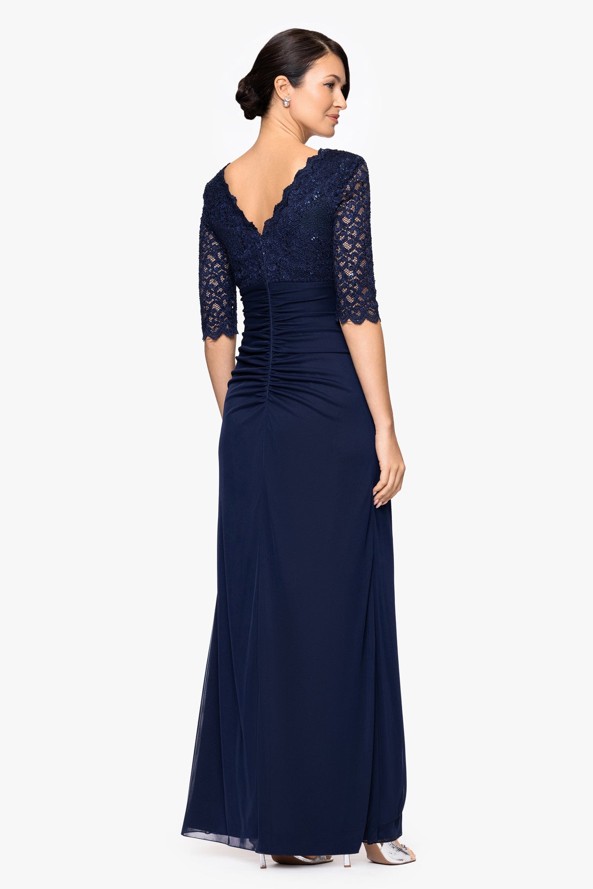 Betsy & Adam "Johanna" Sheer Matte Jersey 3/4 Sleeve Dress - Navy