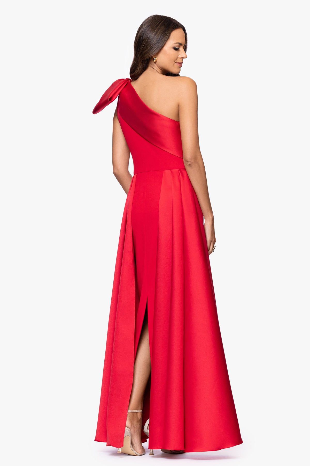 Betsy & Adam "Rosalie" Scuba Crepe One Shoulder Bow Embellished Gown - Red