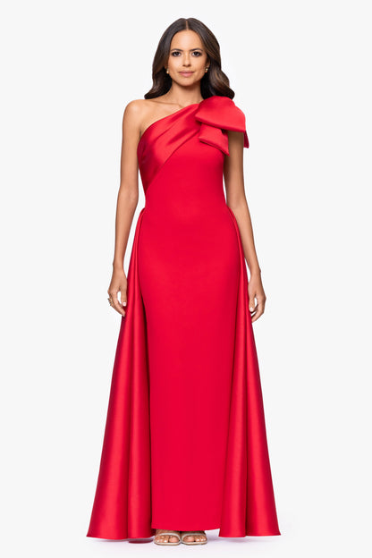 Betsy & Adam "Rosalie" Scuba Crepe One Shoulder Bow Embellished Gown - Red