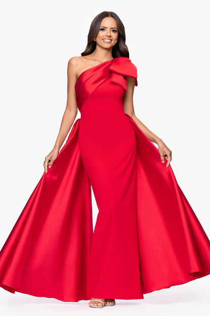 Betsy & Adam "Rosalie" Scuba Crepe One Shoulder Bow Embellished Gown - Red
