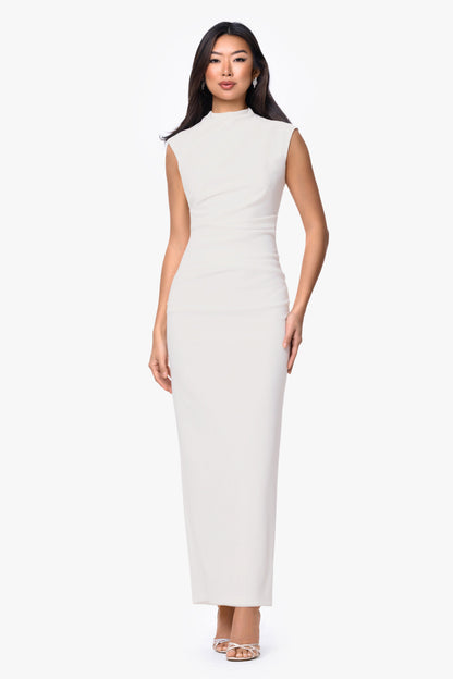 Betsy & Adam “Katalina” Scuba Crepe Ruched Mock Neck Dress - Ivory