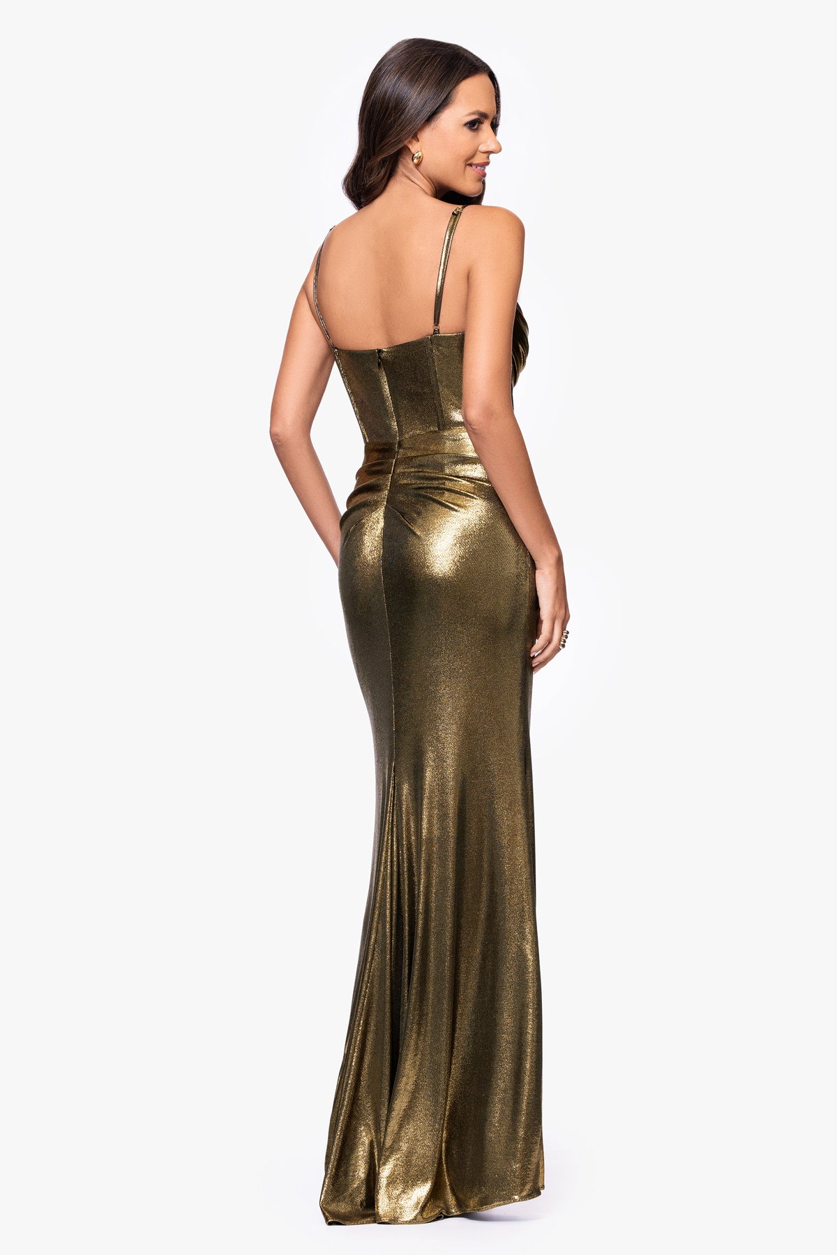 Betsy & Adam "Shayla" Metallic Jersey Corset Dress - Gold