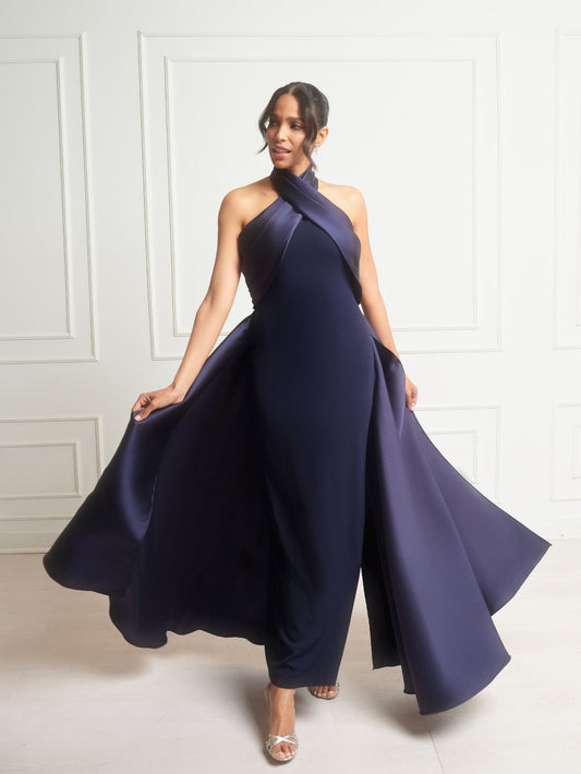 Betsy & Adam "Dina" Scuba Crepe Twist Halter Neck Gown - Navy