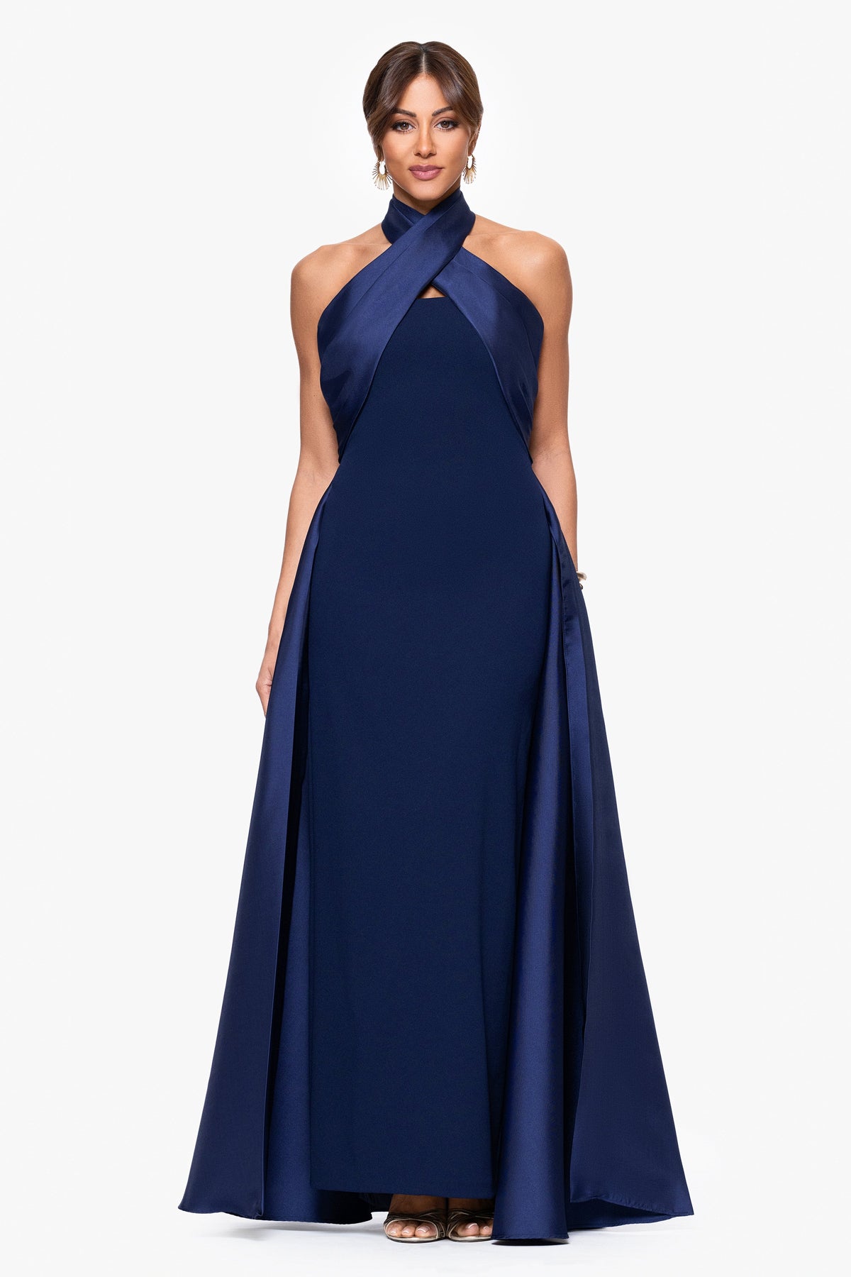 Betsy & Adam "Dina" Scuba Crepe Twist Halter Neck Gown - Navy