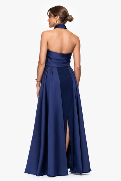 Betsy & Adam "Dina" Scuba Crepe Twist Halter Neck Gown - Navy