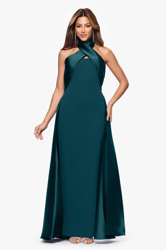 Betsy & Adam "Dina" Scuba Crepe Twist Halter Neck Gown - Pine