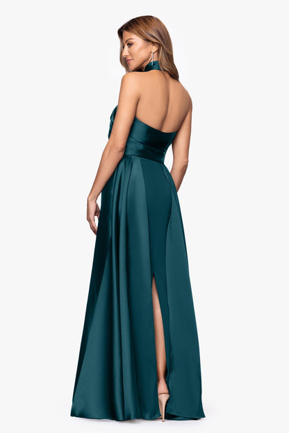 Betsy & Adam "Dina" Scuba Crepe Twist Halter Neck Gown - Pine