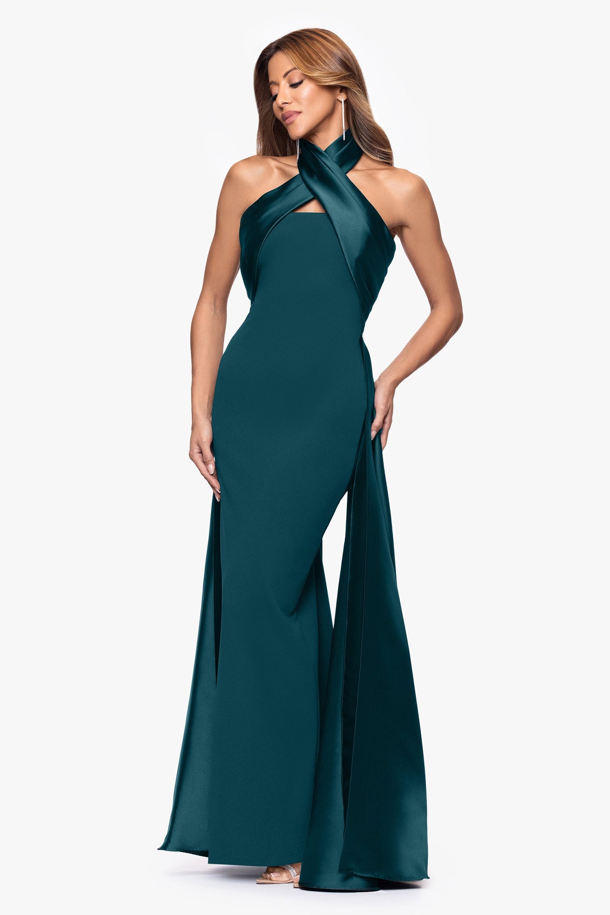 Betsy & Adam "Dina" Scuba Crepe Twist Halter Neck Gown - Pine