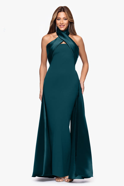 Betsy & Adam "Dina" Scuba Crepe Twist Halter Neck Gown - Pine