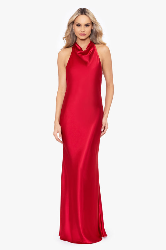 Betsy & Adam "Shannon" Satin Halter Necktie Dress - Red