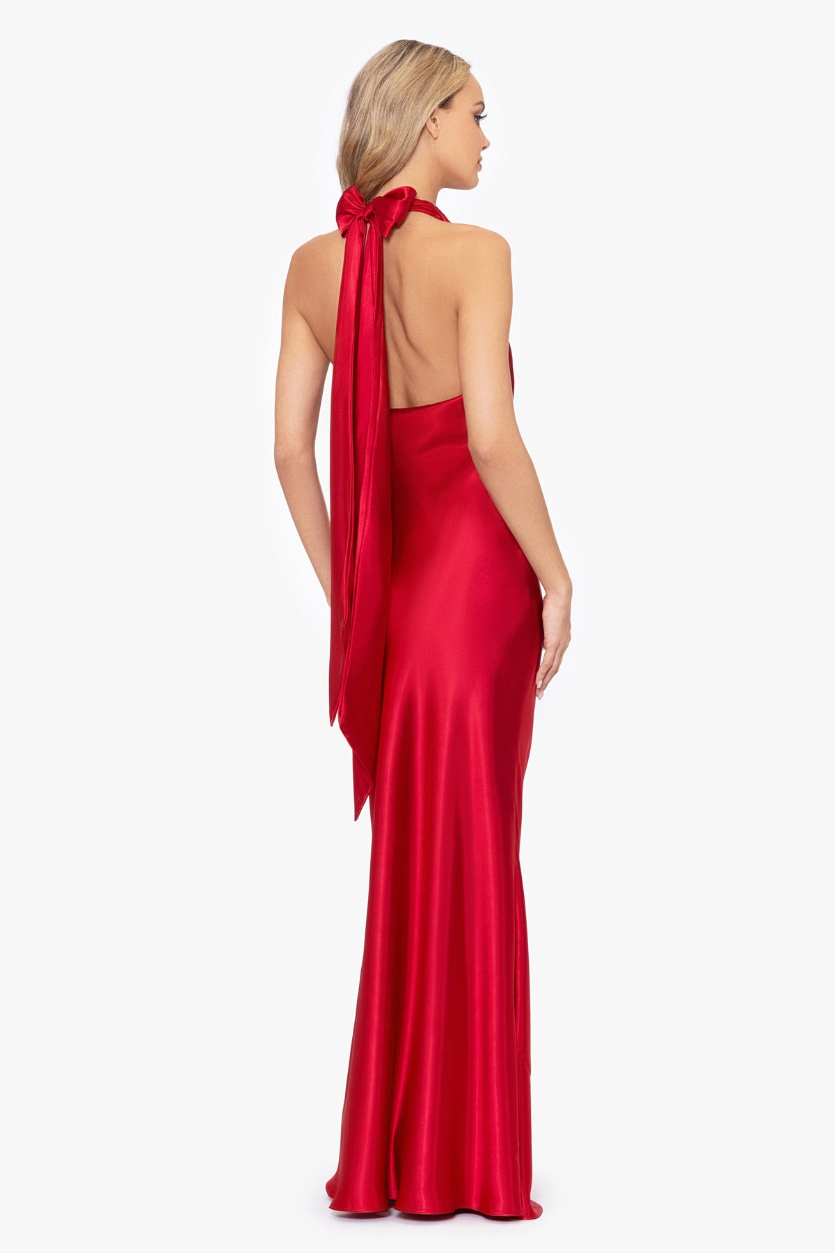 Betsy & Adam "Shannon" Satin Halter Necktie Dress - Red