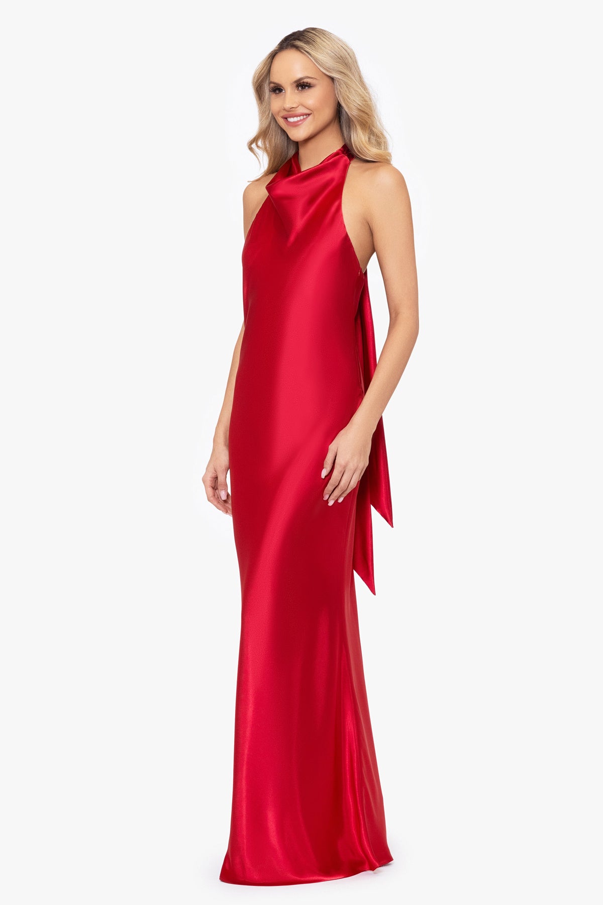 Betsy & Adam "Shannon" Satin Halter Necktie Dress - Red