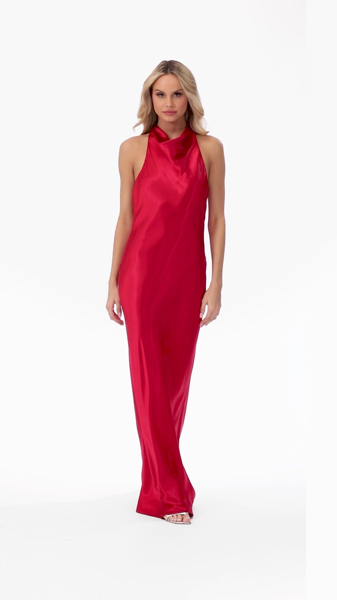 Betsy & Adam "Shannon" Satin Halter Necktie Dress - Red