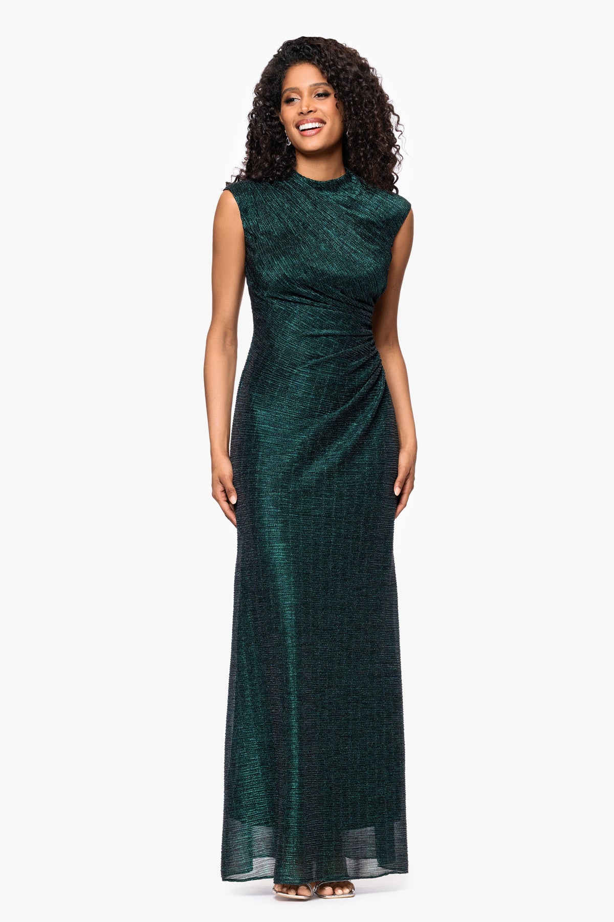 Betsy & Adam Petite "Bethany" Metallic Ruched Dress - Black/Emerald