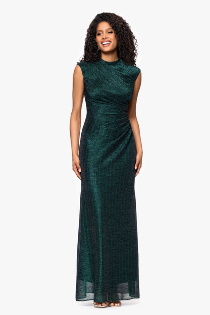Betsy & Adam Petite "Bethany" Metallic Ruched Dress - Black/Emerald