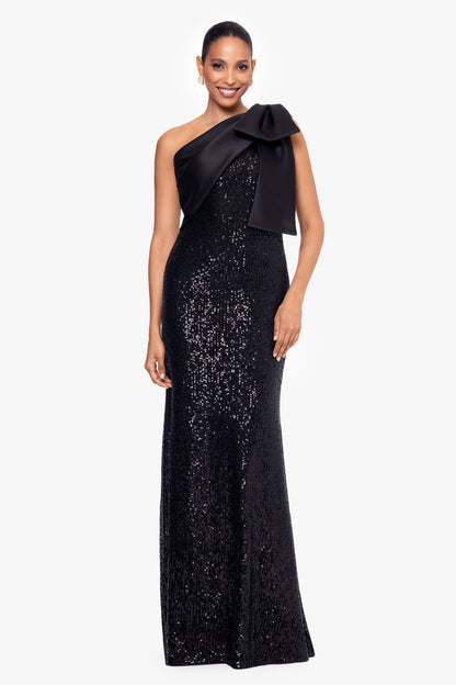 Betsy & Adam "Christy" Sequin With Satin Bow Dress - Black