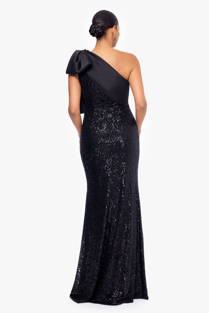 Betsy & Adam "Christy" Sequin With Satin Bow Dress - Black