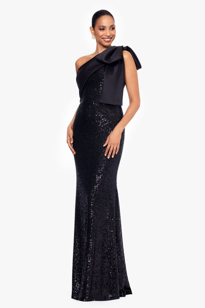 Betsy & Adam "Christy" Sequin With Satin Bow Dress - Black