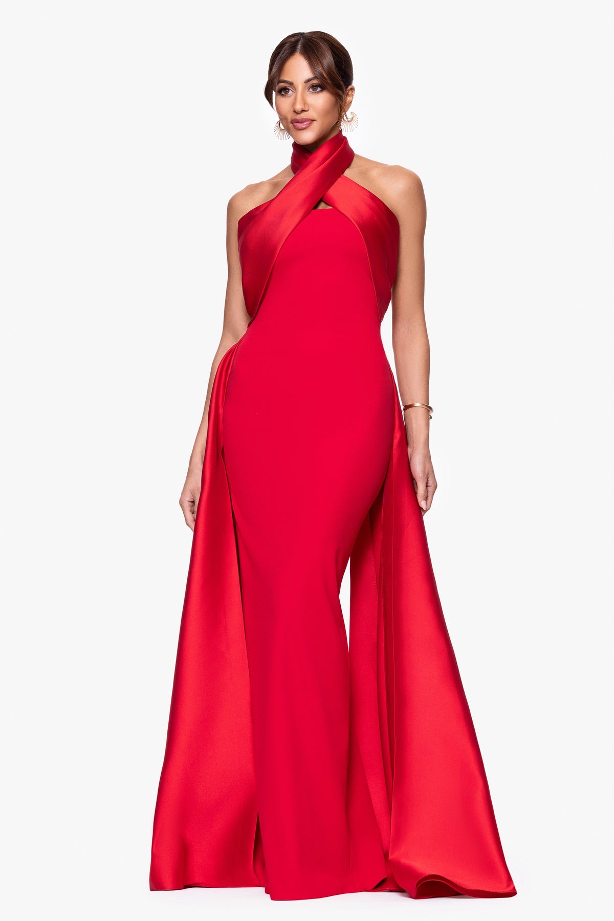 Betsy & Adam "Dina" Scuba Crepe Twist Halter Neck Gown - Red