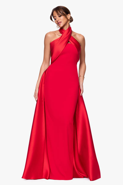 Betsy & Adam "Dina" Scuba Crepe Twist Halter Neck Gown - Red