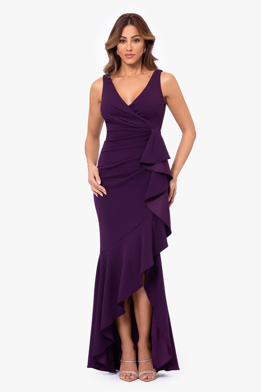 Betsy & Adam "Candace" V-Neck Hi Low Cascade Dress - Mulberry
