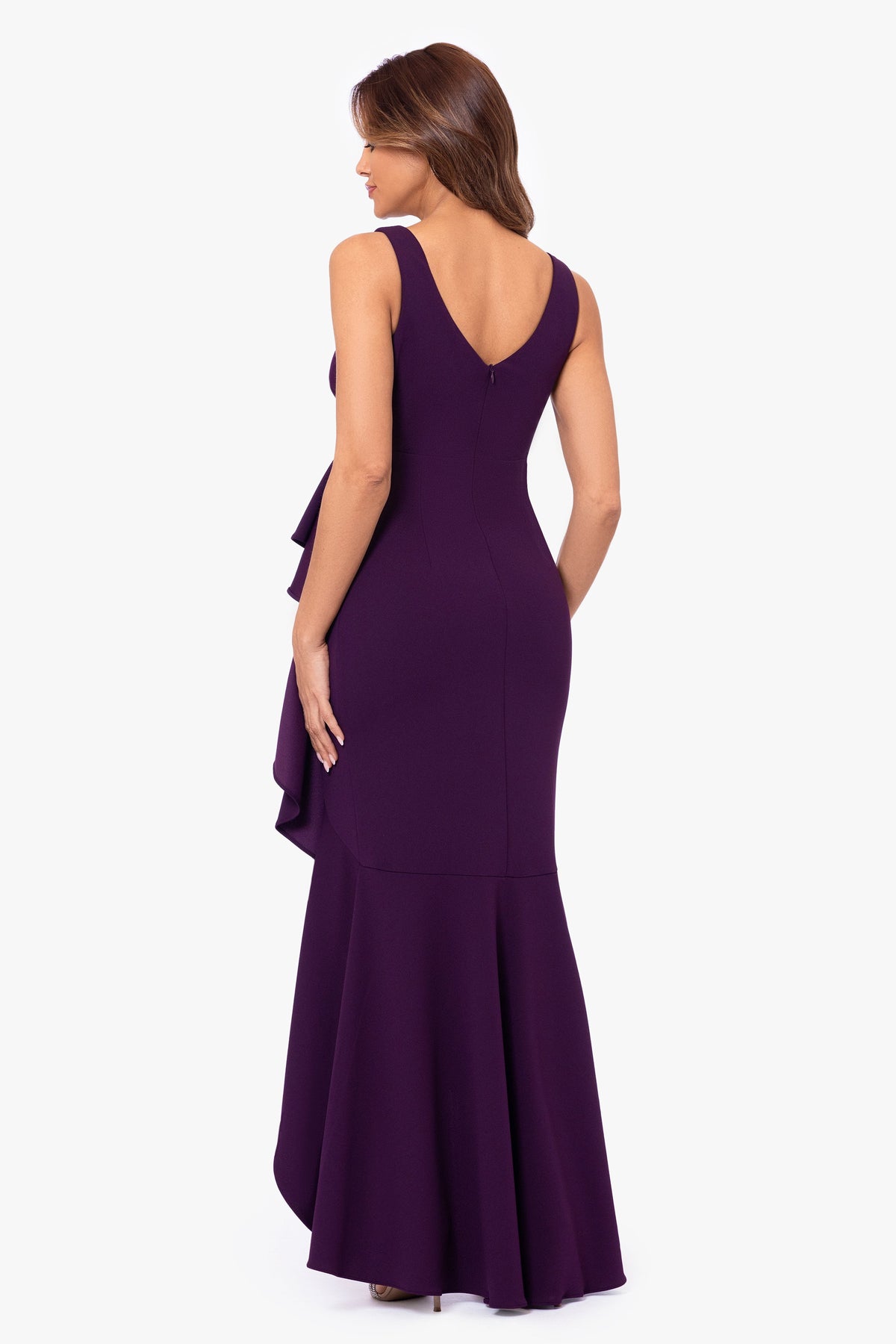 Betsy & Adam "Candace" V-Neck Hi Low Cascade Dress - Mulberry