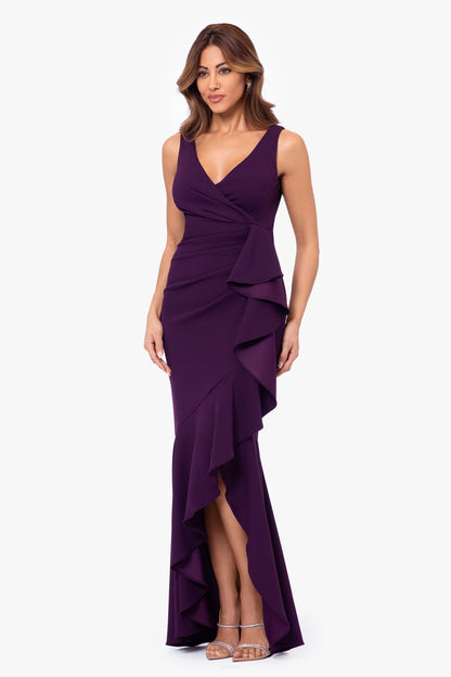 Betsy & Adam "Candace" V-Neck Hi Low Cascade Dress - Mulberry