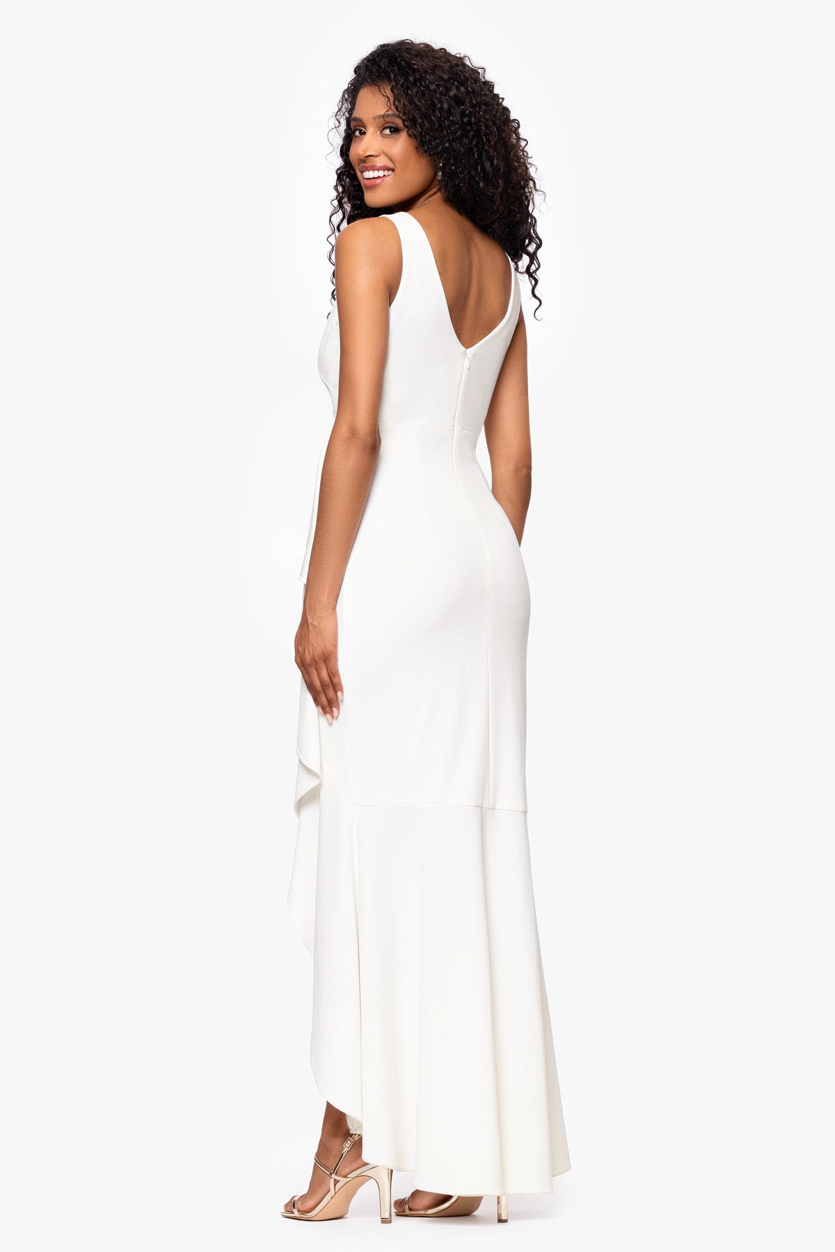 Betsy & Adam Petite "Candace" V-Neck Hi Low Cascade Dress - White