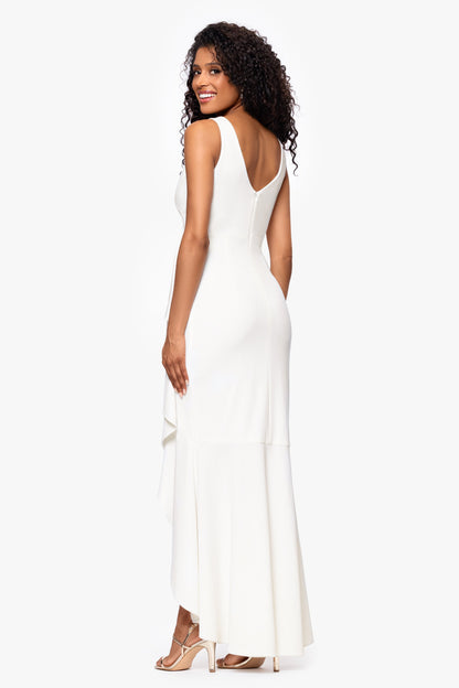 Betsy & Adam Petite "Candace" V-Neck Hi Low Cascade Dress - White