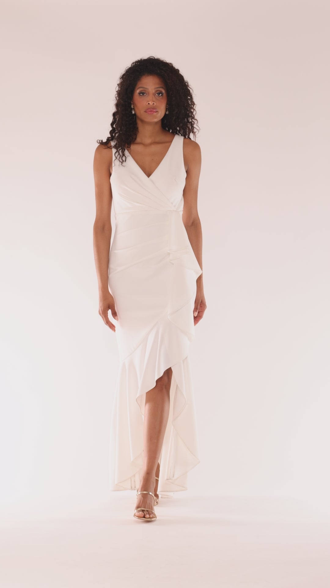 Betsy & Adam Petite "Candace" V-Neck Hi Low Cascade Dress - White