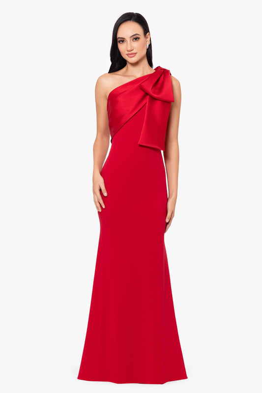 Betsy & Adam "Carmela" Scuba Crepe With Satin Bow Dress - Red