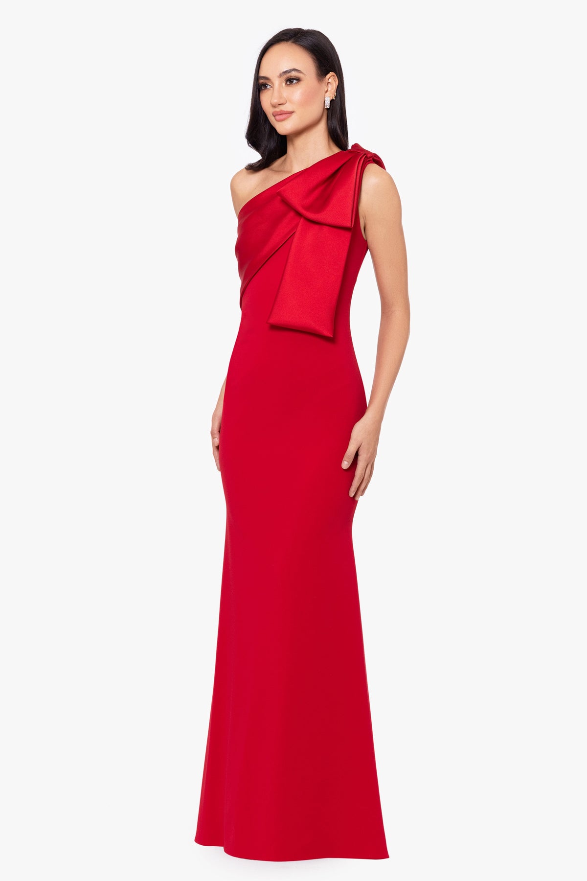 Betsy & Adam "Carmela" Scuba Crepe With Satin Bow Dress - Red