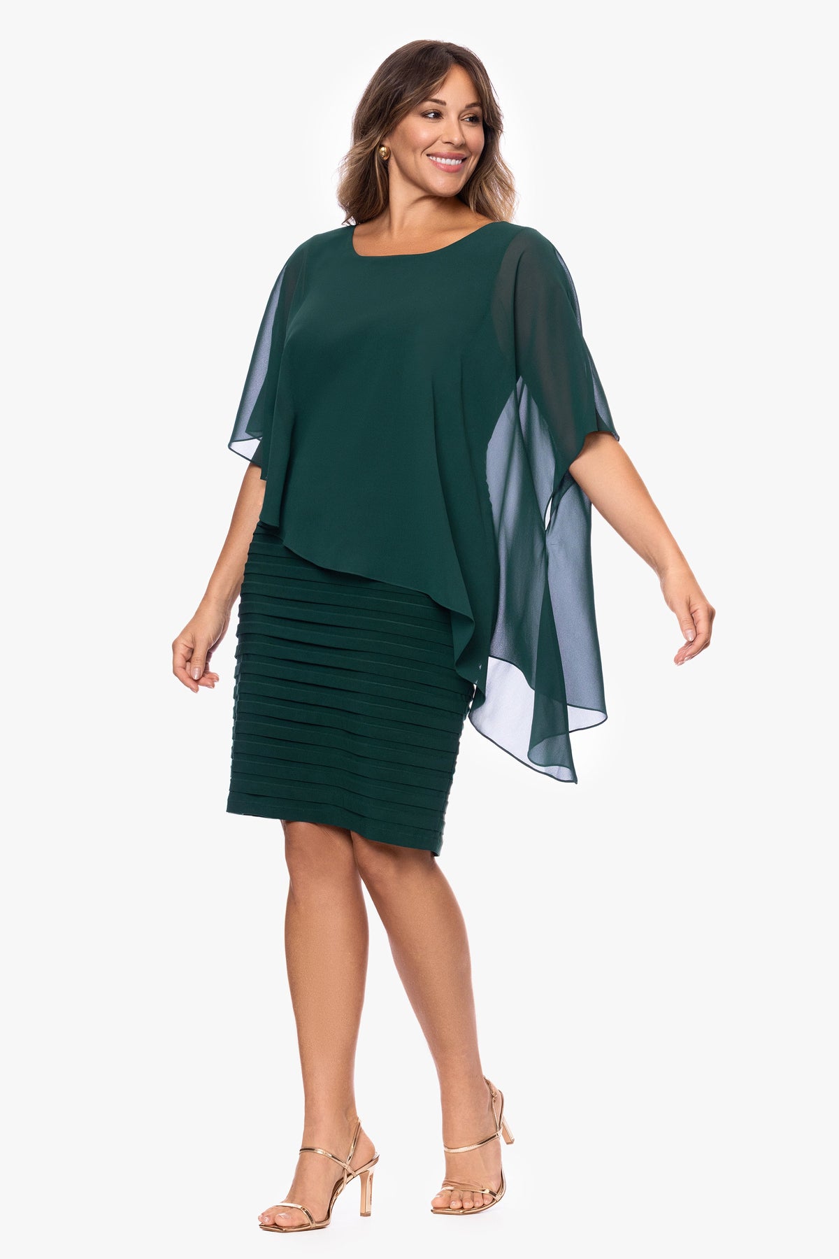 Betsy & Adam Plus "Charlotte" Jersey Knit With Chiffon Cape Shutter Dress - Forest