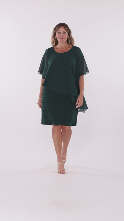 Betsy & Adam Plus "Charlotte" Jersey Knit With Chiffon Cape Shutter Dress - Forest